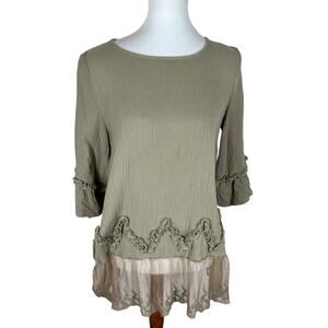 Andthewhy Light Army Green Lightweight Gauze Tunic with Lace and Ruffle Trim